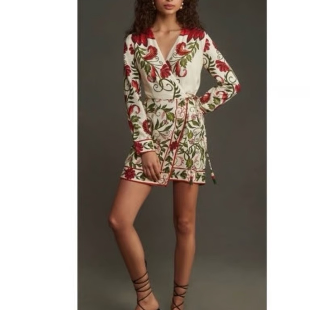 Elegant Floral Long Sleeve Dress - Red and Green
